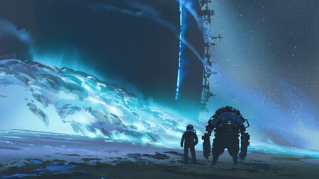 Spaceman and robot on their way to a huge structure partially covered in glowing blue sand, digital...