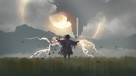 Wizard casting spell in the field, digital art style, illustration painting