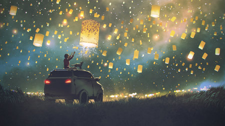 Young woman with her dog sitting on the roof of a suv car release lanterns, digital art style,...