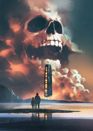 father and son looking at the rock pillar floating in the sky against the skull-shaped clouds.,...