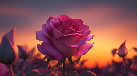Beautiful pink rose on a background of blue sky at sunset.の素材