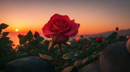 Beautiful red rose on the background of the sea and sunset.の素材
