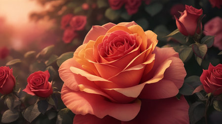 Beautiful red and orange rose flower in the garden, vintage toneの素材