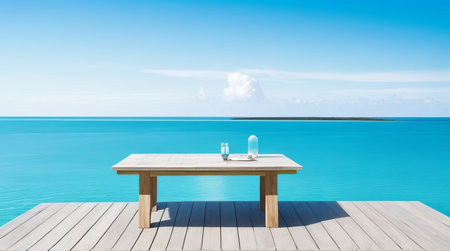 Wooden table and chair on the beach with blue sky background.の素材