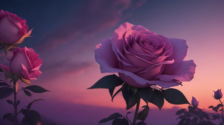 Beautiful pink rose on the background of the sky with clouds.の素材