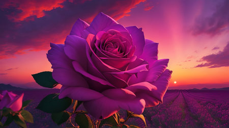 Beautiful pink rose on a lavender field at sunset.の素材