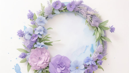 Flower wreath frame on white background. Flat lay, top viewの素材