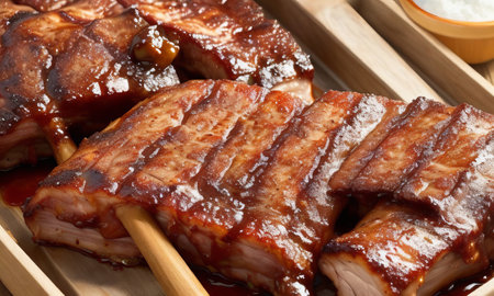 Japanese style grilled pork spareribs with soy sauce, closeupの素材