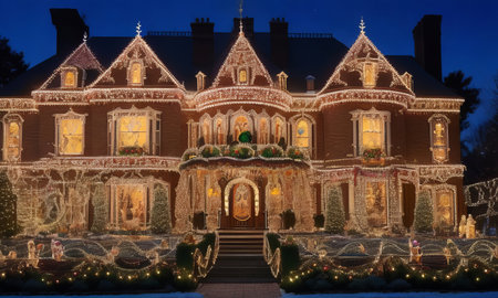 Christmas decoration in front of a house at night.の素材