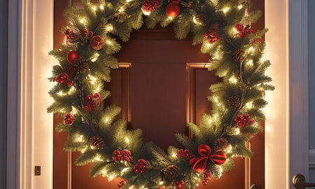 Christmas wreath on the door of the house.の素材