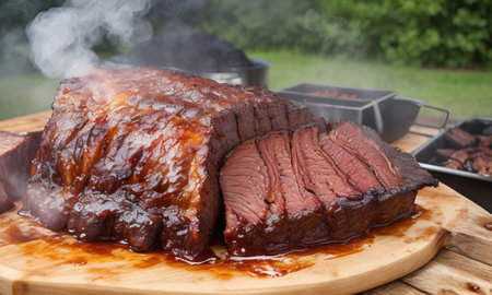Roast beef on a wooden board with barbecue grill in the backgroundの素材