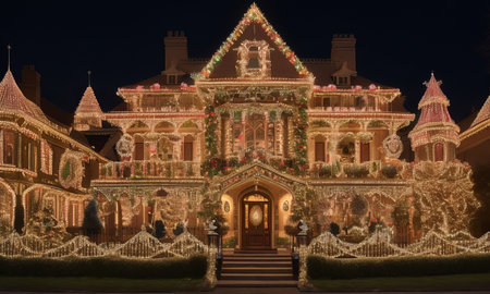 Christmas decoration in front of a beautiful house at night, with lightsの素材
