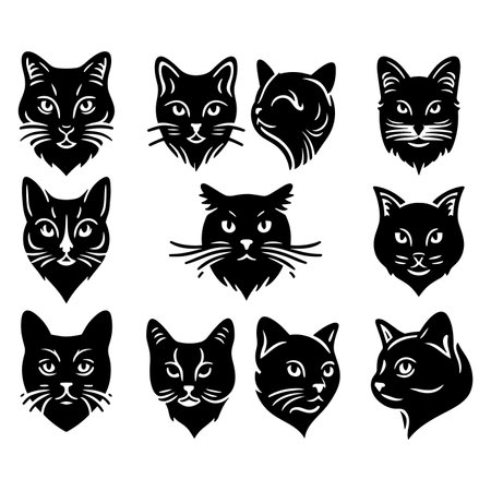 Set of black cats faces on white background. Isolated vector illustration.のイラスト素材