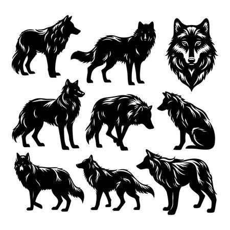 Set of wolf silhouettes isolated on white background. Vector illustration.