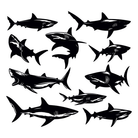 Shark icons set. Black silhouettes of sharks on white backgroundのイラスト素材