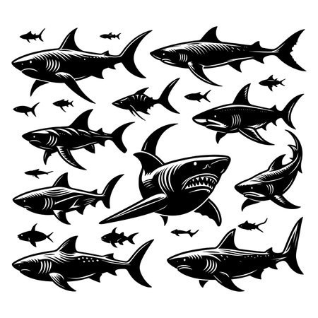 Set of sharks on white background. Vector illustration. Black and white.のイラスト素材