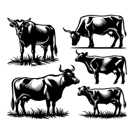 Set of black and white silhouettes of cows. Vector illustration.のイラスト素材