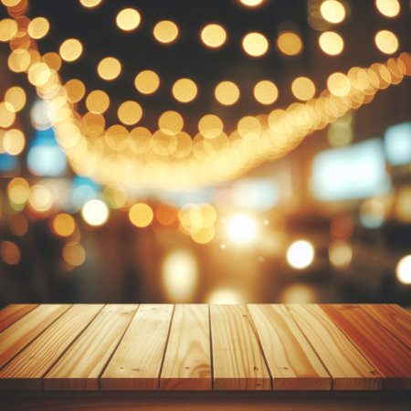 Empty wooden table and bokeh lights background. For product displayの素材