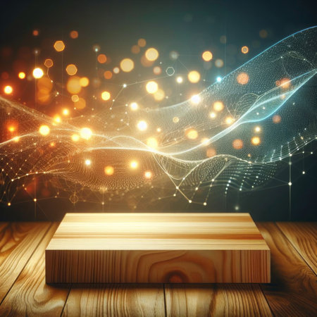 Wooden pedestal on abstract glowing background.の素材