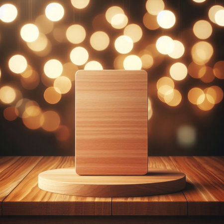 Wooden podium for product presentation on bokeh background.の素材