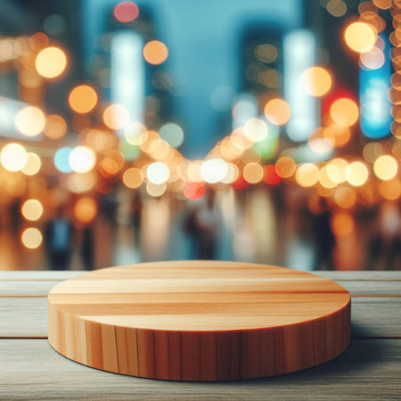 Wooden table top on blur bokeh light background, product display montageの素材