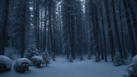 Winter forest with snow-covered treesの素材