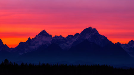Sunset in the mountains with silhouette of trees and snowcapped peaksの素材