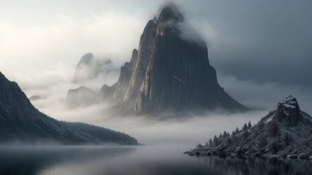 Beautiful panoramic view of the lake and mountains in the fogの素材