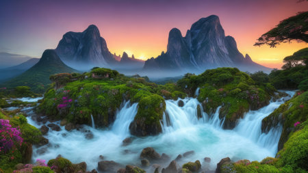 Mountain landscape and waterfalls at sunriseの素材