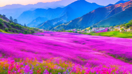Beautiful landscape of colorful flowers blooming in the mountains during sunsetの素材