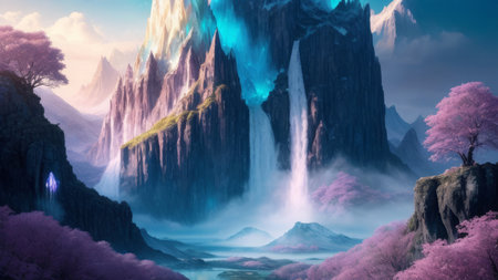 Fantasy landscape with mountains and a waterfall.の素材