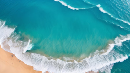 Aerial view of beautiful beach with turquoise water and waves.の素材