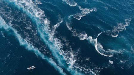 Aerial view of sea waves and white foam on the water surfaceの素材