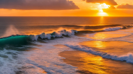 Beautiful sunset at the beach with a wave in the foreground.の素材