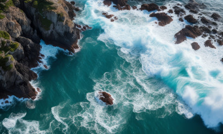 Aerial view of the waves crashing onto the rocks in the oceanの素材