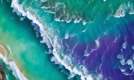 Aerial view of ocean waves breaking on the beach. Nature backgroundの素材