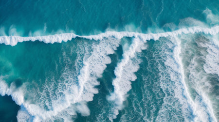 Aerial view of waves breaking on the beach. Aerial view of ocean wavesの素材