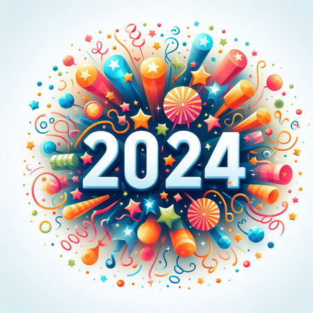 Happy New Year 2024 celebration background with fireworks and confetti.の素材