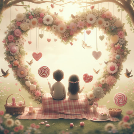 Cute boy and girl sitting on the grass with heart-shaped candy.の素材