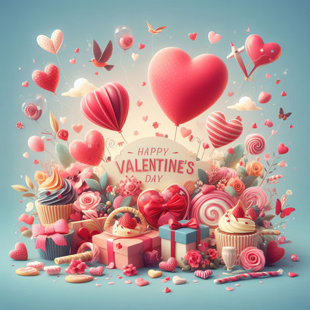 Valentine's Day greeting card with heart shaped candy, gift box, balloons, and sweets.の素材