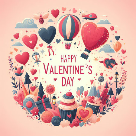 Happy Valentine's Day greeting card with heart shaped balloons, flowers, cakes, gift boxes, and hearts.の素材