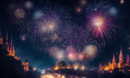 Beautiful fireworks over the old town.の素材