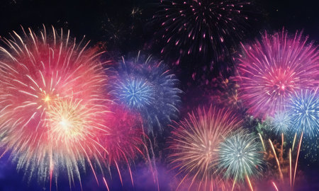 Colorful fireworks of various colors over night sky for celebration background.の素材