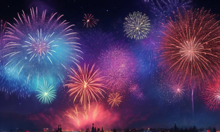 Colorful fireworks of various colors over the cityscape at night.の素材