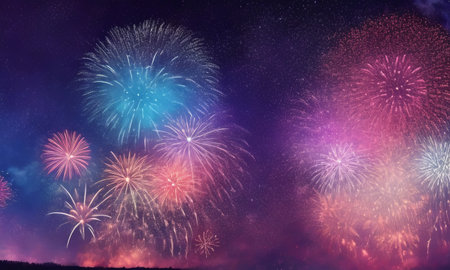 Colorful fireworks of various colors over night sky with silhouettes of people.の素材