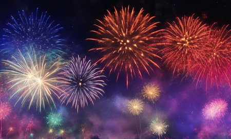 Colorful fireworks of various colors over night sky for celebration background.の素材