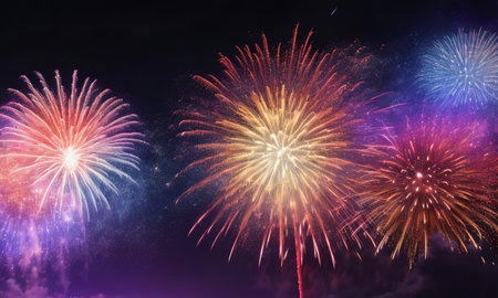 Colorful fireworks of various colors over night sky, celebration and anniversary concept.の素材