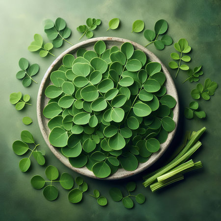 Top view of green leaves in bowl on green background with copy spaceの素材