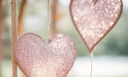 Valentine's day background with hearts hanging from a tree branchの素材