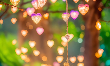 Heart shape hanging on the tree with bokeh light background.の素材